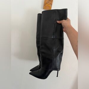 Point Toe Foldover Black Leather Boot